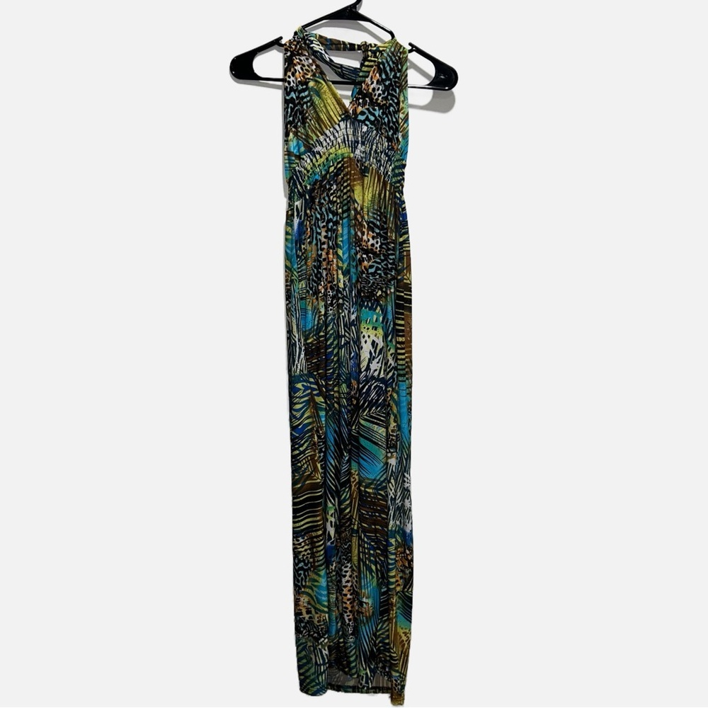 Dots Leopard and Tropical Print Tie Neck Sleeveless Textured Maxi Dress